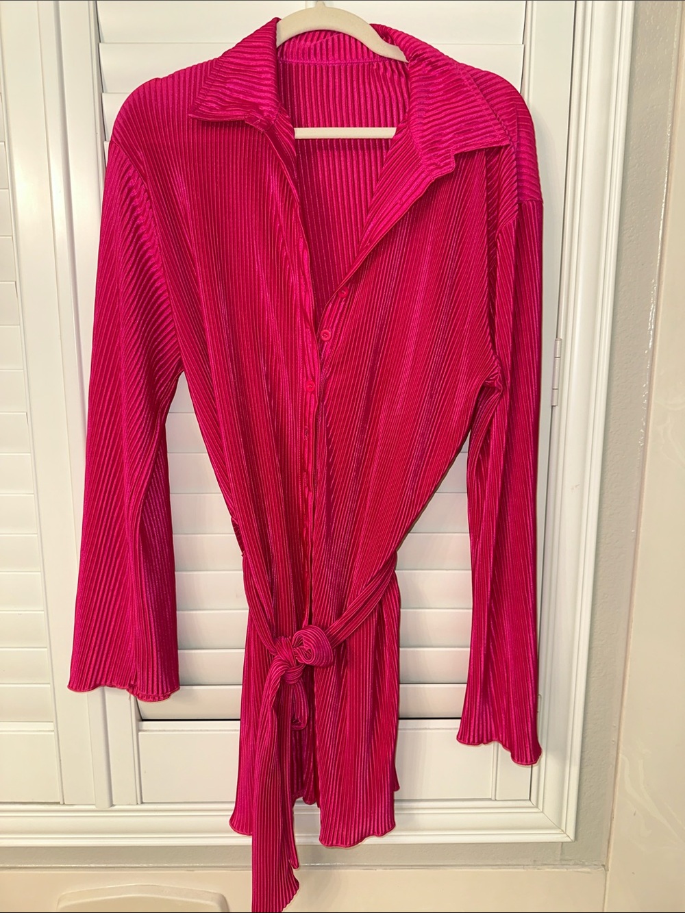 Amazon Fuchsia Pleated Button-Front Mini Dress with Tie Waist